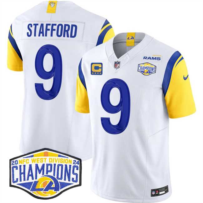 Mens Los Angeles Rams #9 Matthew Stafford White 2024 NFC West Champions With 4-Star C Patch F.U.S.E. Vapor Untouchable Stitched Jersey